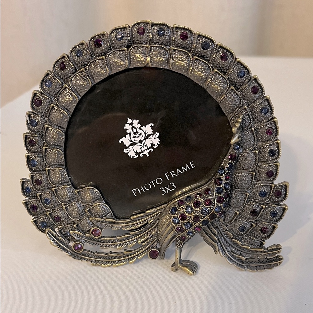 Elegant Peacock Photo Frame 4.30”W 4.15”H , Jeweled Stones